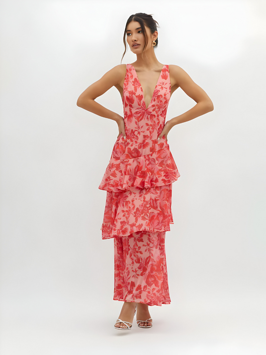 CLAIRELIA Maxi Jurk met Bandjes en Ruches – Luxe & Elegantie